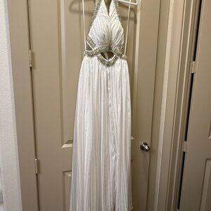 Elegant White Halter Gown with Silver Accents